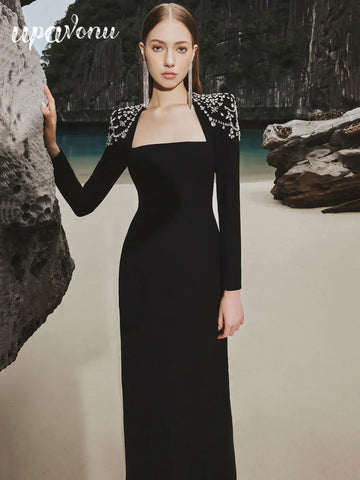 2024 Elegant Women Light Luxury Diamond Design Bandage Dress Square Neck Long Sleeve Bodycon Long Dress Christmas Party Vestidos