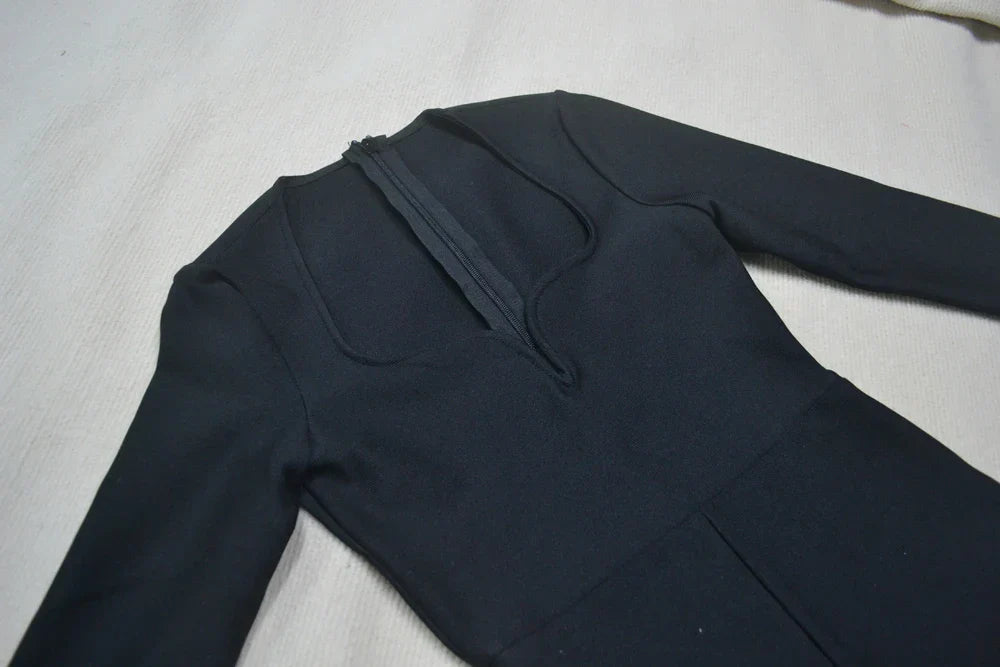 Women'S Bandage Pencil Jumpsuit V-Neck Long Sleeved Tight Black Waistband Design+Jumpsuit Evening Party Jumpsuit