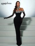 2024 Sexy Women's Heavy Industry Diamond Adorned Velvet Dress with Hanging Neck Shoulder Bodycon Transparent Gaul Gloves+Dresses