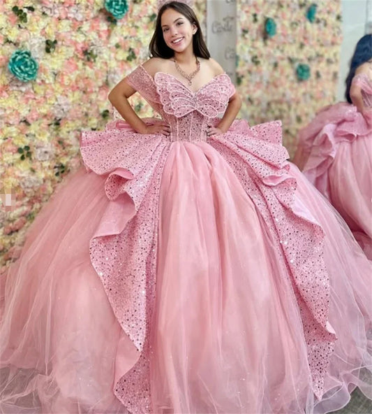 Gorgeous Pink Quinceanera Dresses Charro Sequin Princess Puffy Vestidos De 15 Años Quinceañera Birthday Pageant Gown Customized Pink