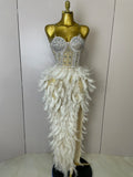 Women Sexy Sparkly Rhinestone Mesh Feather Long Dress Elegant Evening Party Celebrate Birthday Performance Costume WHITE