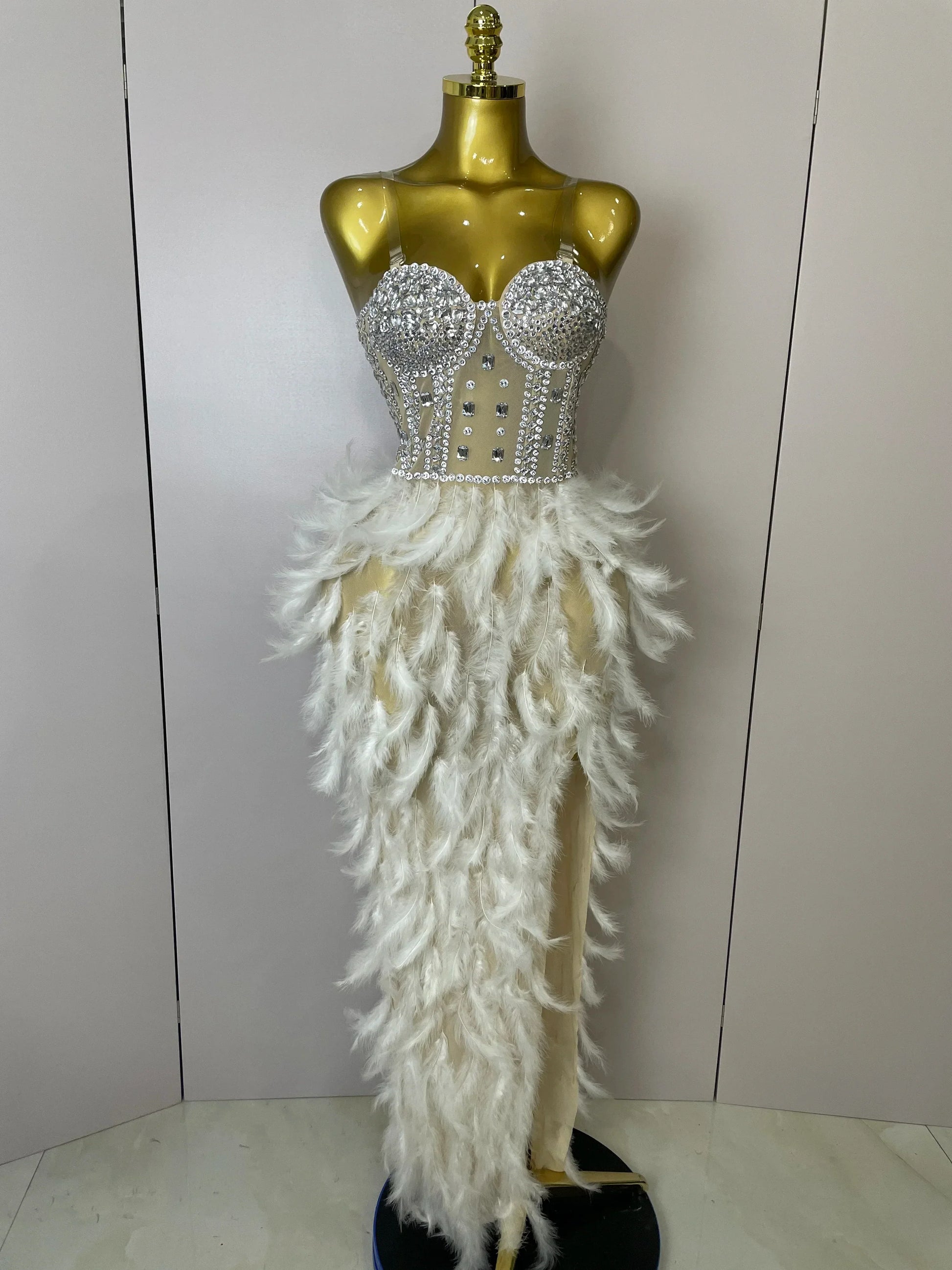 Women Sexy Sparkly Rhinestone Mesh Feather Long Dress Elegant Evening Party Celebrate Birthday Performance Costume WHITE