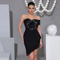 2025 Summer New Women's Black Strapless Diamond 3D Flower Mini Sexy Boutique Celebrity Cocktail Party Bandage Dress black