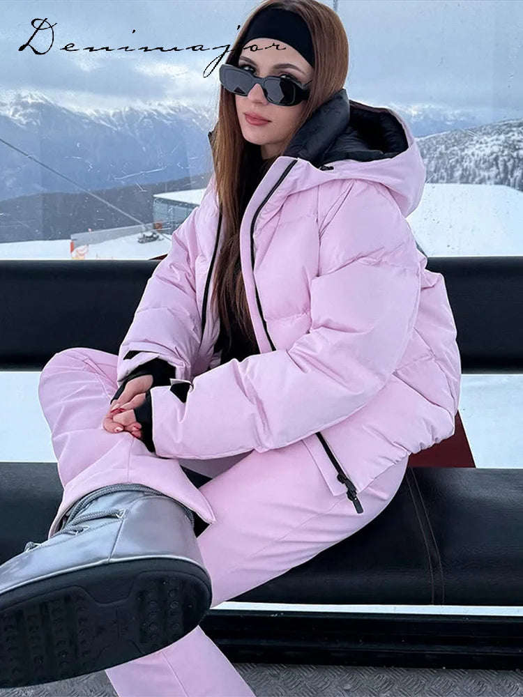 Warm Windproof Two Piece Women Ski Suit Hooded Zipper Quilted Jacket Thicken Pant Sets 2025 Female Chic Snowboard Skiing Outfits