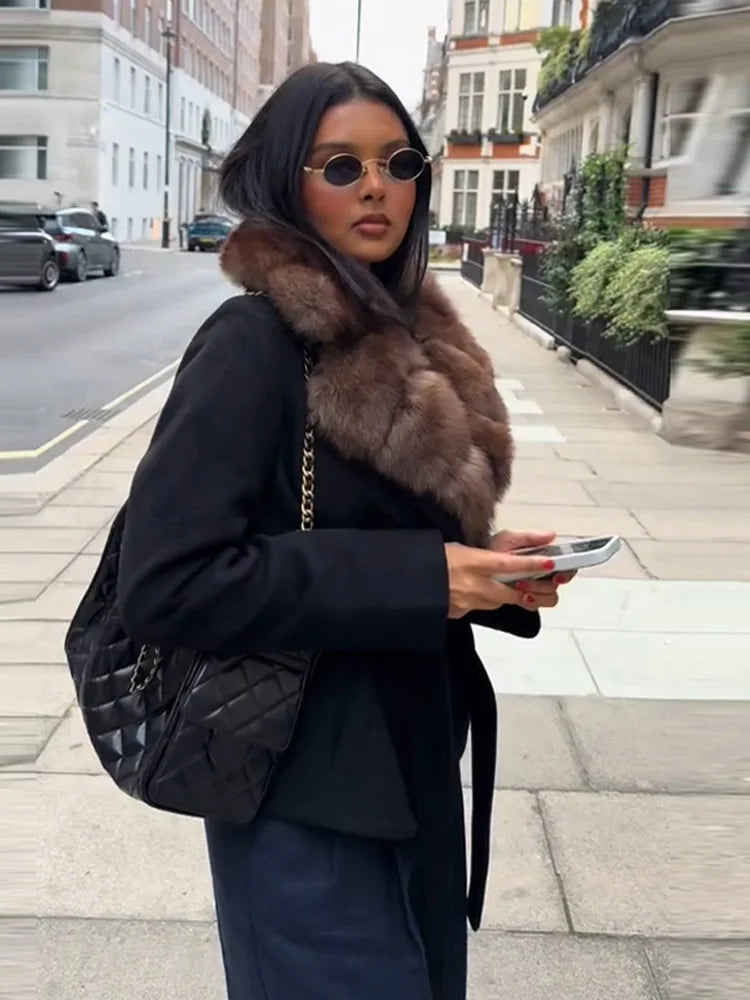 Faux Fur Collar Lace Up Woolen Overcoat Women Elegant Full Sleeve Waist Cinching Autumn Winter Bomber Coats Chic Lady Outerwears