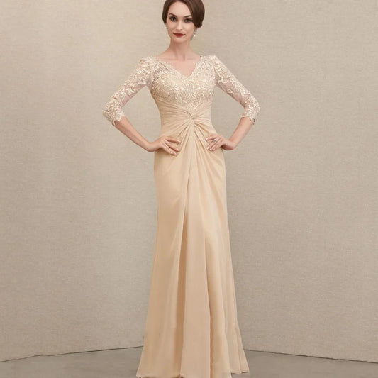 Mother Of The Bride Dress - Formal Customized V Neck A Line Lace Elegant Chiffon Mother of Dresses Mermaid Evening Gowns New vestido invitada boda Picture Color