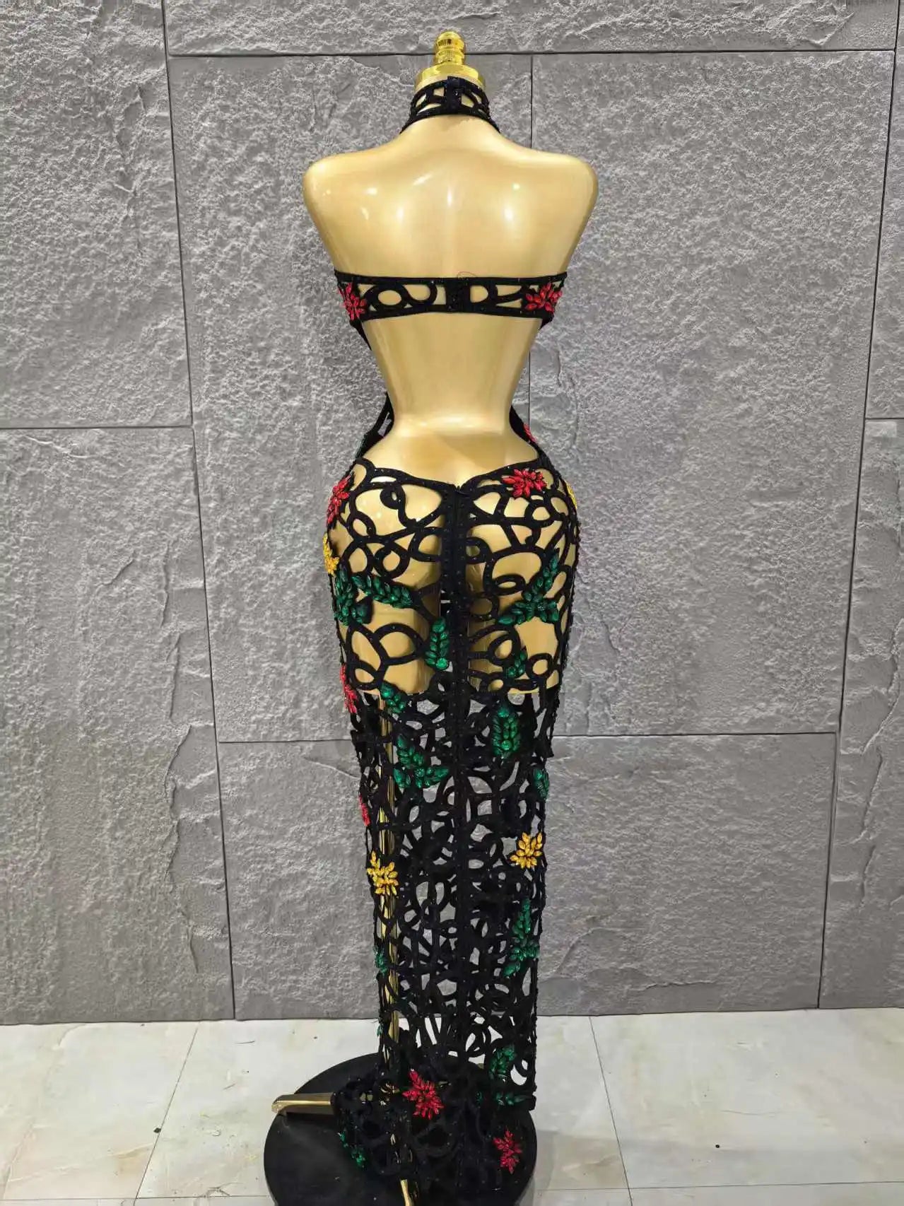 Women Sleeveless Sexy Hollow Out Shinning Rhinestones Bodycon Long Dress Backless Celebrate Nightclub Party Celebrity Stage Wear