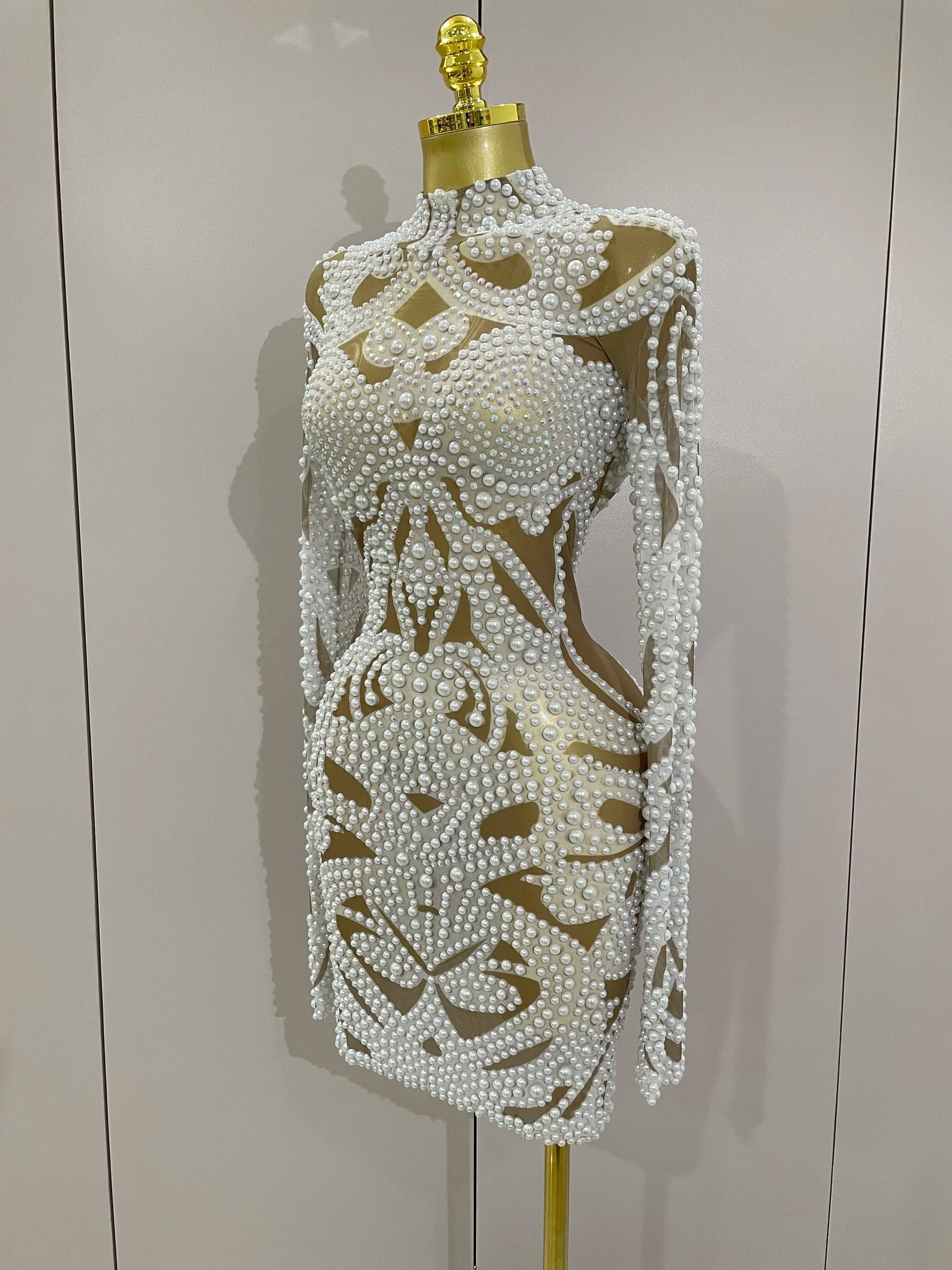 High-end Elegant Evening Gown AB Rhinestones Pearls Luxury Long Sleeves Mesh Dress Women Cocktail party Wedding Costume