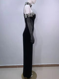 2024 Sexy Women's Heavy Industry Diamond Adorned Velvet Dress with Hanging Neck Shoulder Bodycon Transparent Gaul Gloves+Dresses