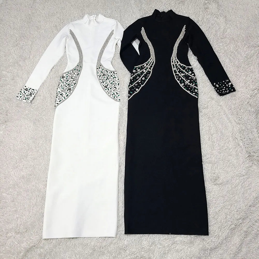 2024 Sexy Women's Heavy Industry Beaded Bandage Dress Bodycon Stand Collar Long Sleeve Midi Dress Cocktail Evening Party Vestido