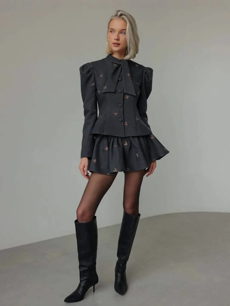 Vintage Embroidery Slim Women's 2 Pcs Suits Lace Up Bow Long Sleeve Single Breasted Jacket Short Skirts New Autumn Ladies Outfit