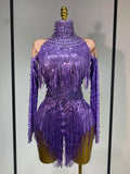 Women Sexy Purple Red Stretchy Long Sleeve Bodysuit Nightclub Singer Dancer Tassel Stage Costume Evening Party Birthday Outfit PURPLE