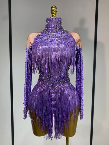 Women Sexy Purple Red Stretchy Long Sleeve Bodysuit Nightclub Singer Dancer Tassel Stage Costume Evening Party Birthday Outfit PURPLE