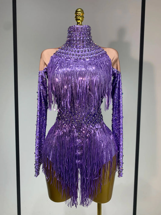 Women Sexy Purple Red Stretchy Long Sleeve Bodysuit Nightclub Singer Dancer Tassel Stage Costume Evening Party Birthday Outfit PURPLE