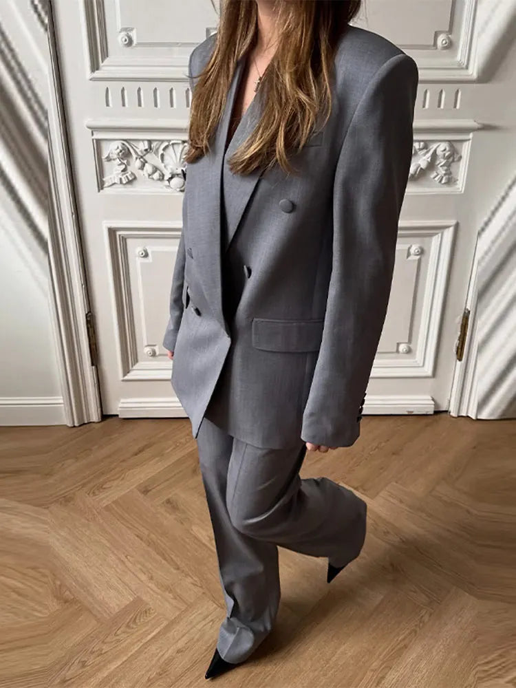 Women's 2 Pcs Suits Lapel Button Blazer Pants Sets Street Office Lady Shoulder Pad Sleeve Blazer High Waist Trousers New Outfits