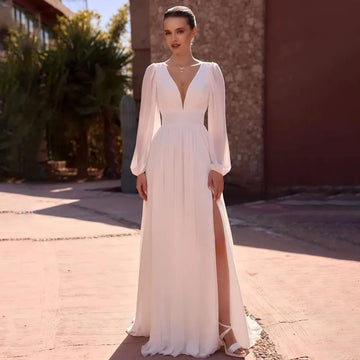 Sexy Deep V Neck A-Line Wedding Dress Long Sleeves Bridal Gown Front Split White Evening Dresses vestido de noiva