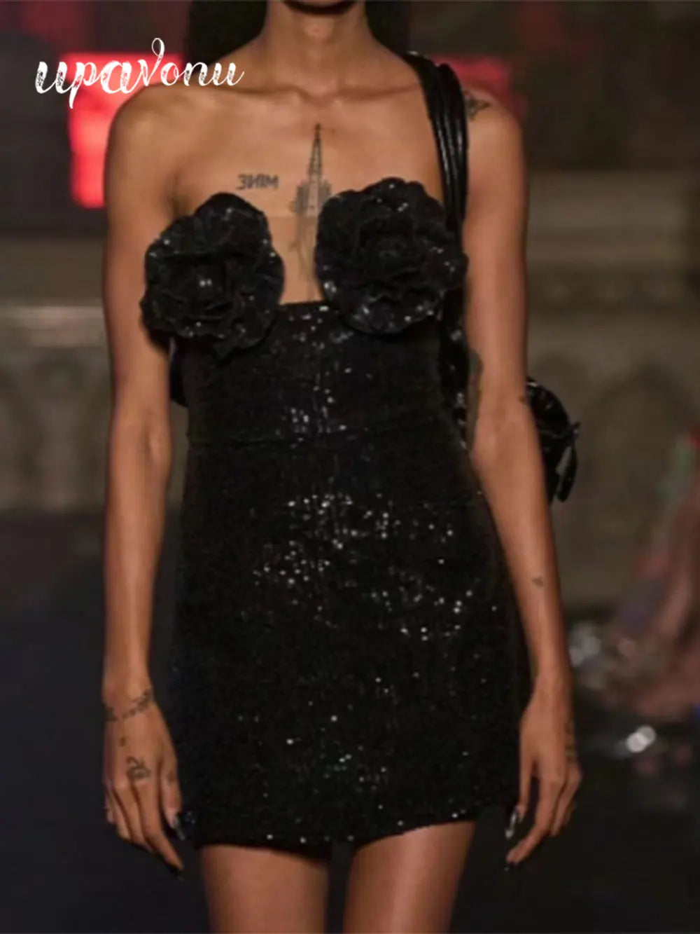 2024 Women 3D Flower Design Shiny Glitter Sexy Dress Strapless Sleeveless Bodycon Bareback Mini Dress Evening Club Party Vestido