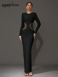 2025 Sexy Women'S Chiffon Hot Stamping Design Bandage Dress O-Neck Long Sleeved Bodycon Black Long Dress Cocktail Party Vestidos