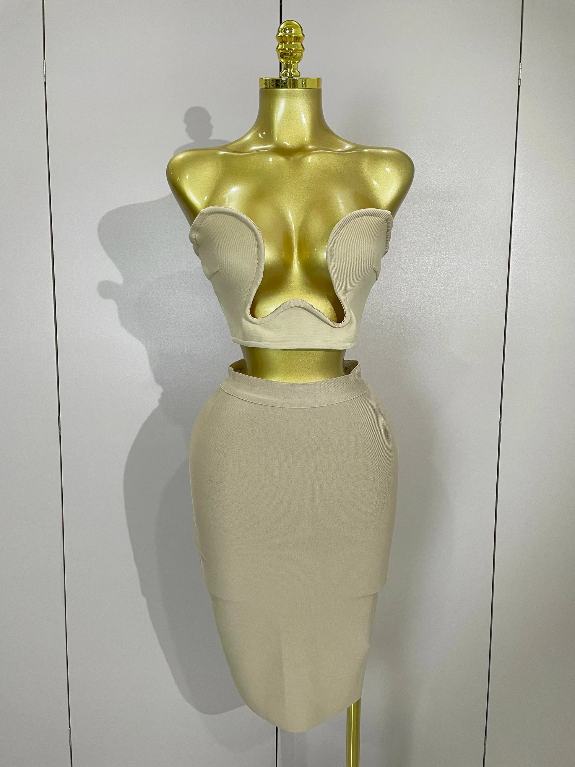 Women Sexy Strapless Backless Black Bandage Two Piece Suit Celebrity Designer Fashion Birthday Gown Evening Prom Costume Khaki