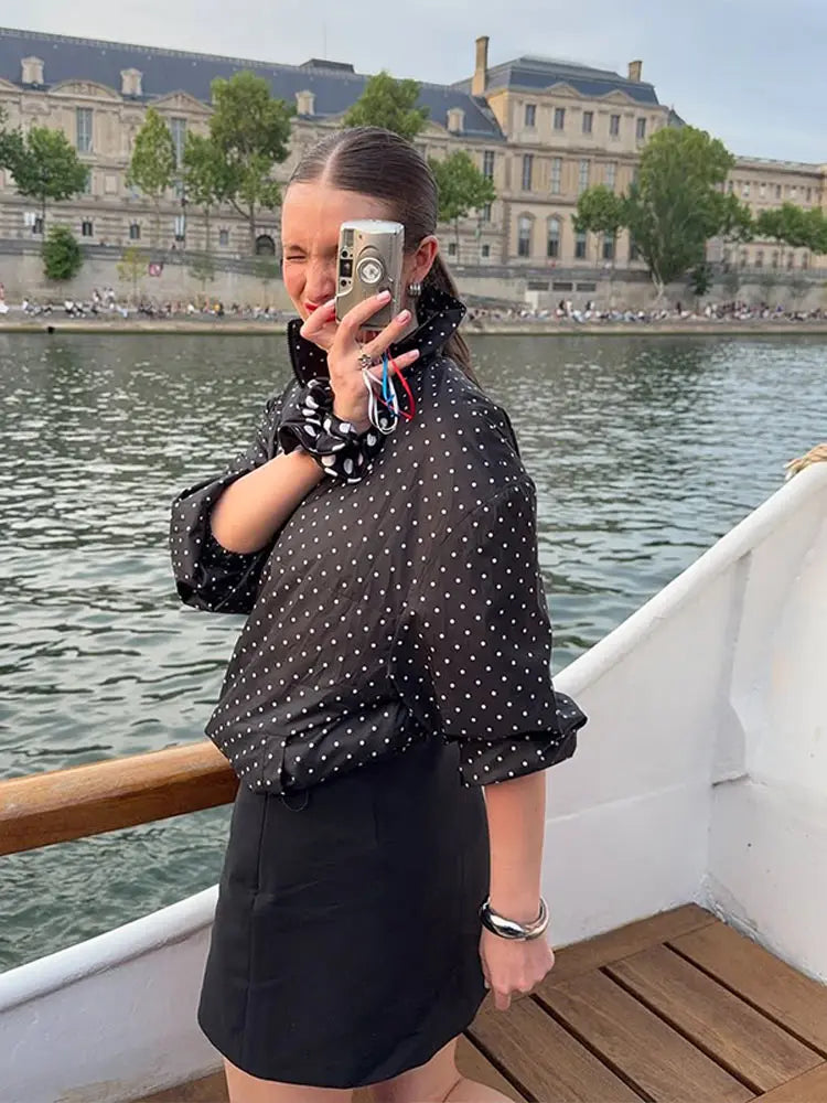 Fashion Polka Dot Loose Women's Pilot Jacket Half Zipper Lantern Long Sleeve New Designer Coat 2025 High Street Ladies Outerwear