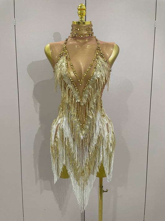 Women Sexy Stretch Mesh Sparkly Rhinestone Tassels Mini Dress Nightclub Singer Dance Stage Costume Evening Gowns Gold