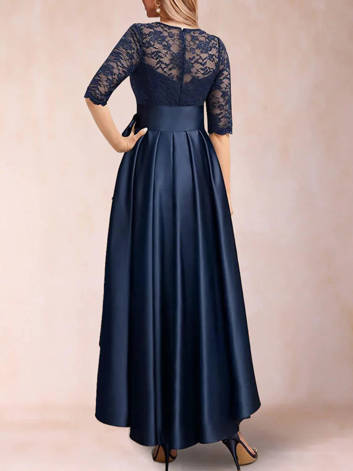 Mother Of The Bride Gown - Elegant A-Line Prom Gown Satin Applique Asymmetrical Half Sleeves Scoop Neck Mother of the Bride Dresses 2025 Free Customized