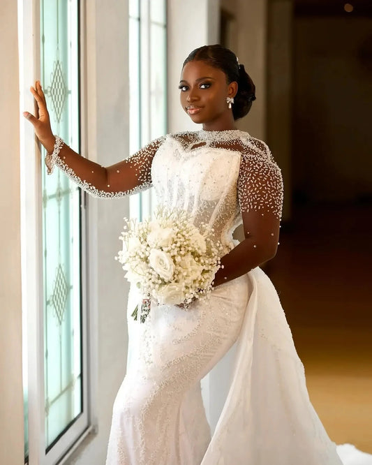 African Mermaid Wedding Dress 2026 Sheer O-Neck Long Sleeves Illusion Beading Bride Bridal Gowns vestido de novia