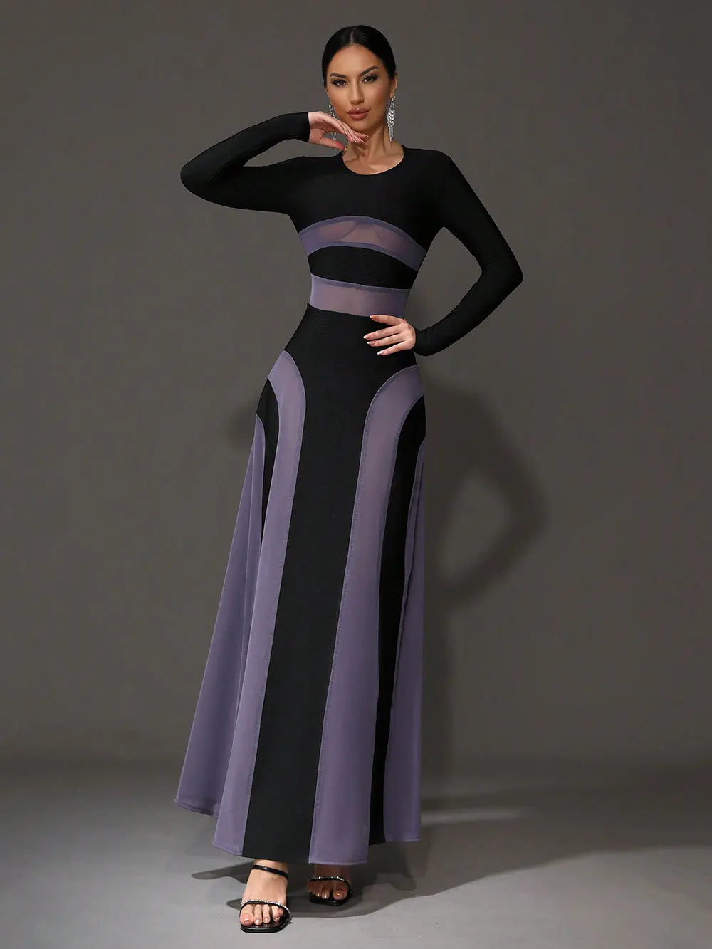 2025 Sexy Women Purple Mesh Patchwork Bandage Dress O-Neck Long Sleeved Slim Fit Pleated Long Dress Evening Club Party Vestido