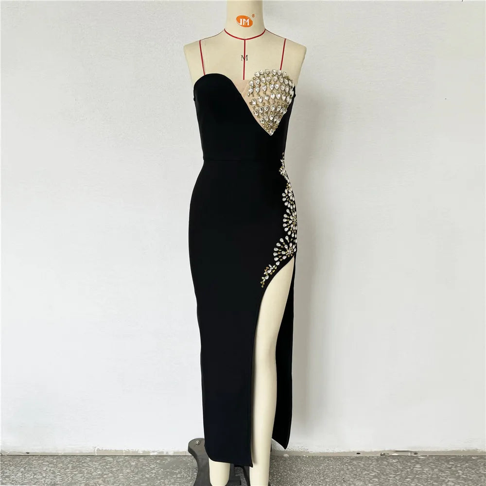 High Quality Women Sexy Strapless Shinning Crystal Bodycon Bandage Long Dress Celebrate Evening Party Red Carpet Outfit Vestido