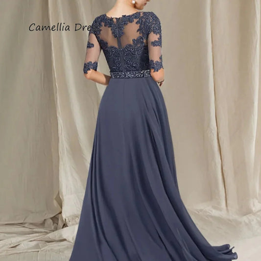 New Formal Chiffon Elegant Lace Mother Of The Bride Dress A Line Boat Neck Floor Length Wedding Party Gown Vestidos De Novia