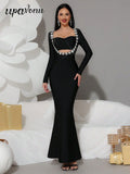Women's Light Luxury Nail Diamond Design Fishtail Bandage Dress Strapless Long Sleeve Hollow Bodycon Black Long Dresses