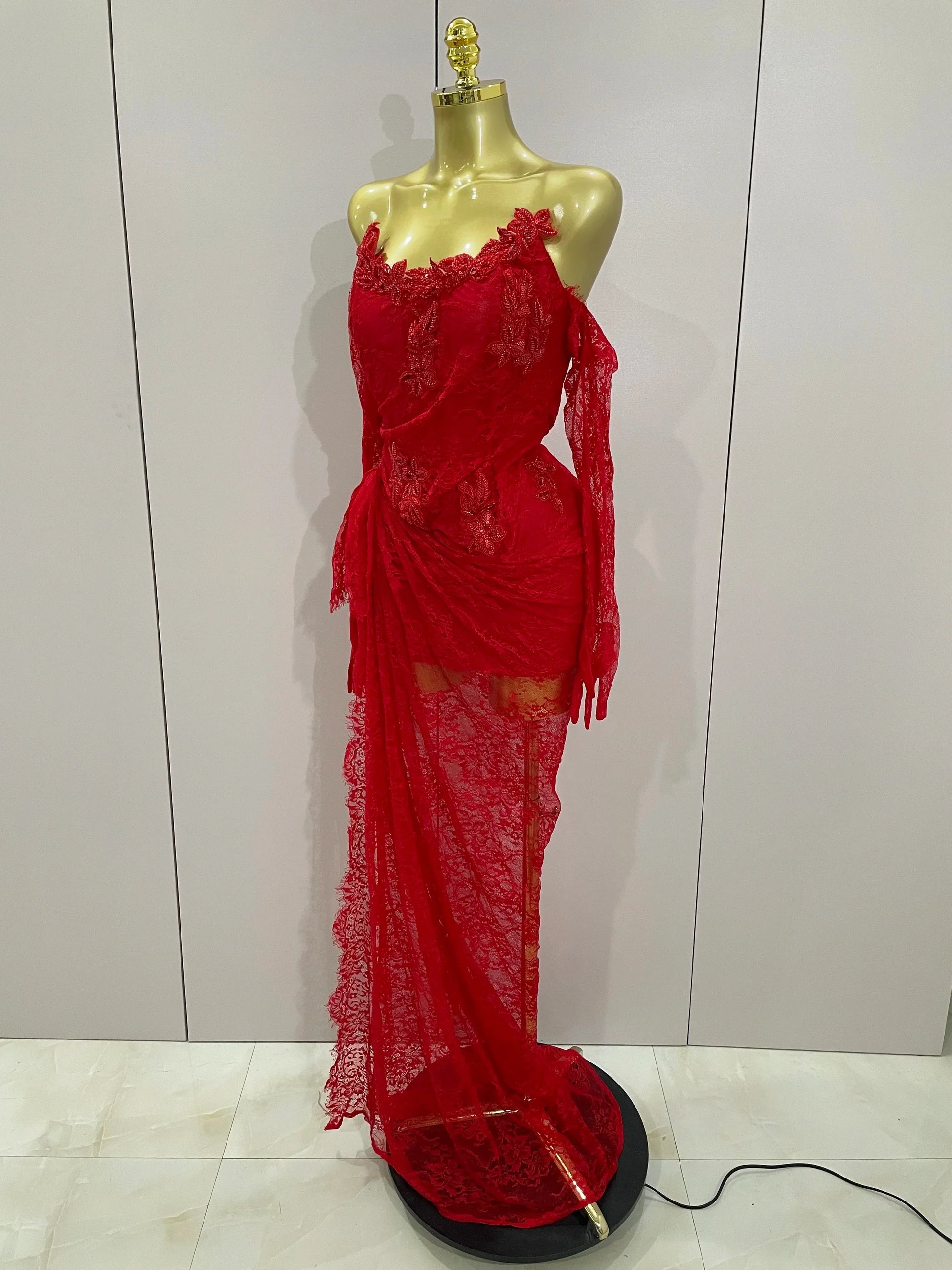 Women Sexy Strapless Backless Red Lace Split Maxi Long Bodycon Dress Celebrity Elegant Evening Club Birthday Party Outfit