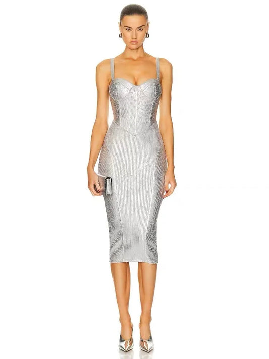 Foil Silver Color Women Sleeveless Sexy Strap Square Collar Bodycon Midi Bandage Dress Celebrate Nightclub Party Dress Vestido Silver