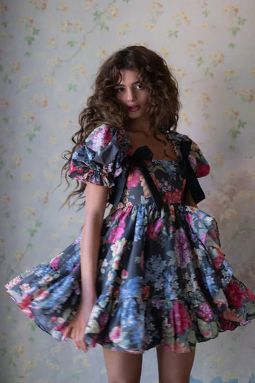 Women Short Sleeve Square Collar Ball Gown Mini Dress Print Color Celebrate Girls's Vacation Celebrate Birthday Outfit MULTI