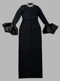 2024 Women's Light Luxury Beaded Elegant Bandage Dress Stand Collar Horn Sleeve Bodycon Long Dresses Evening Club Party Vestidos black