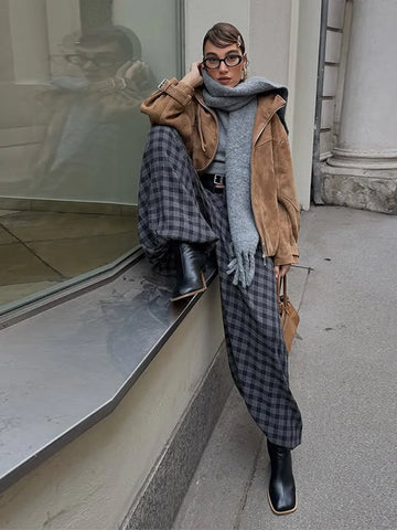 Women's Trousers Plaid Harem Pants Fashion Female High Waist Loose with Elasticated Cuffed Ankles Partywear New Lady Streetwear