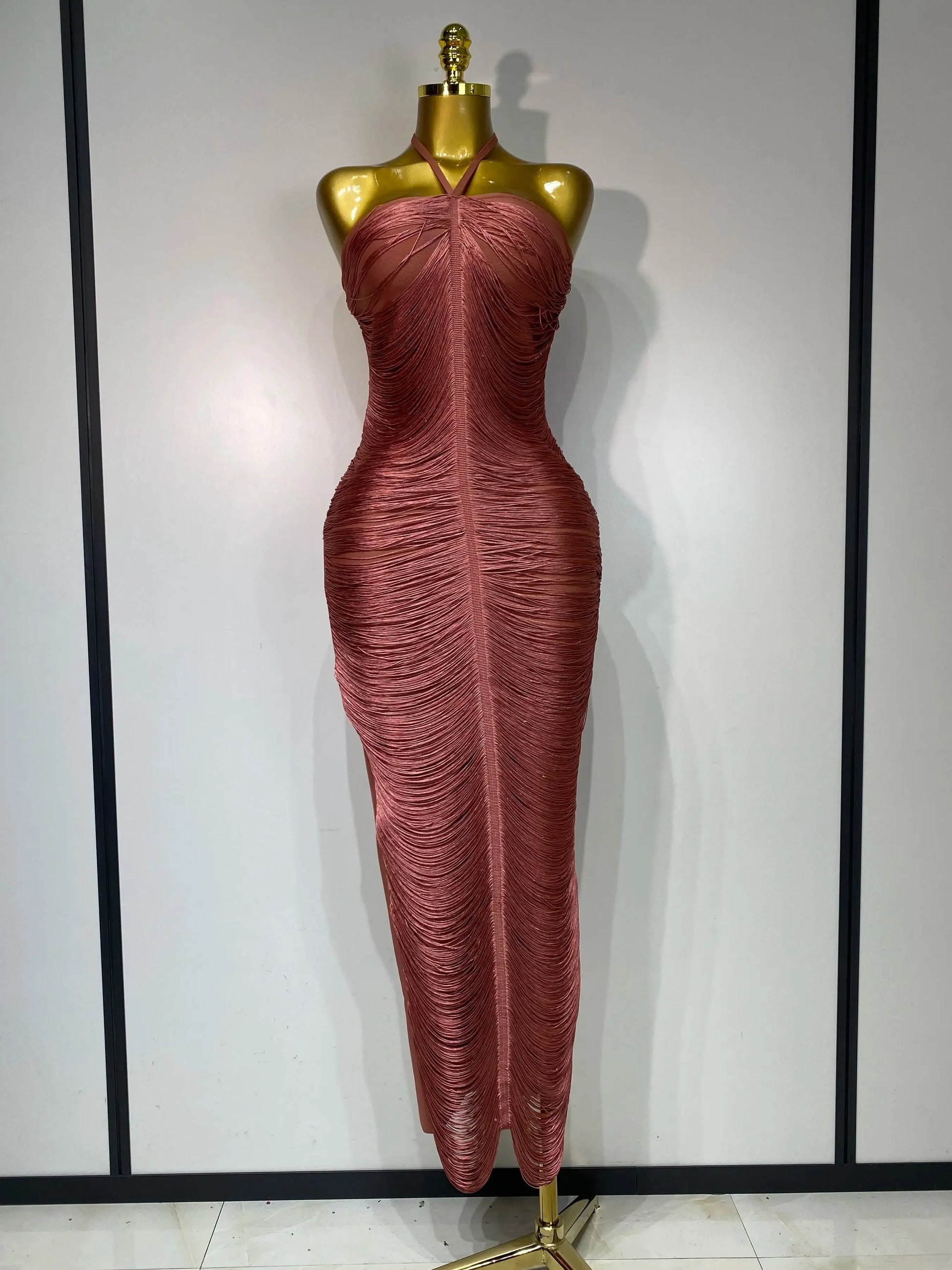 Women's Fashion Tassel Split Hanging Neck Bodycon Dress Elegant Celebrity Evening Party Luxuru Birthday Wedding Guest Dress Brick red