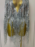 Flashing Sequins Tassels Sexy See-Through Sheath Bodysuit Evening Party Nightclub Dancer Stage Perfprmance Costume