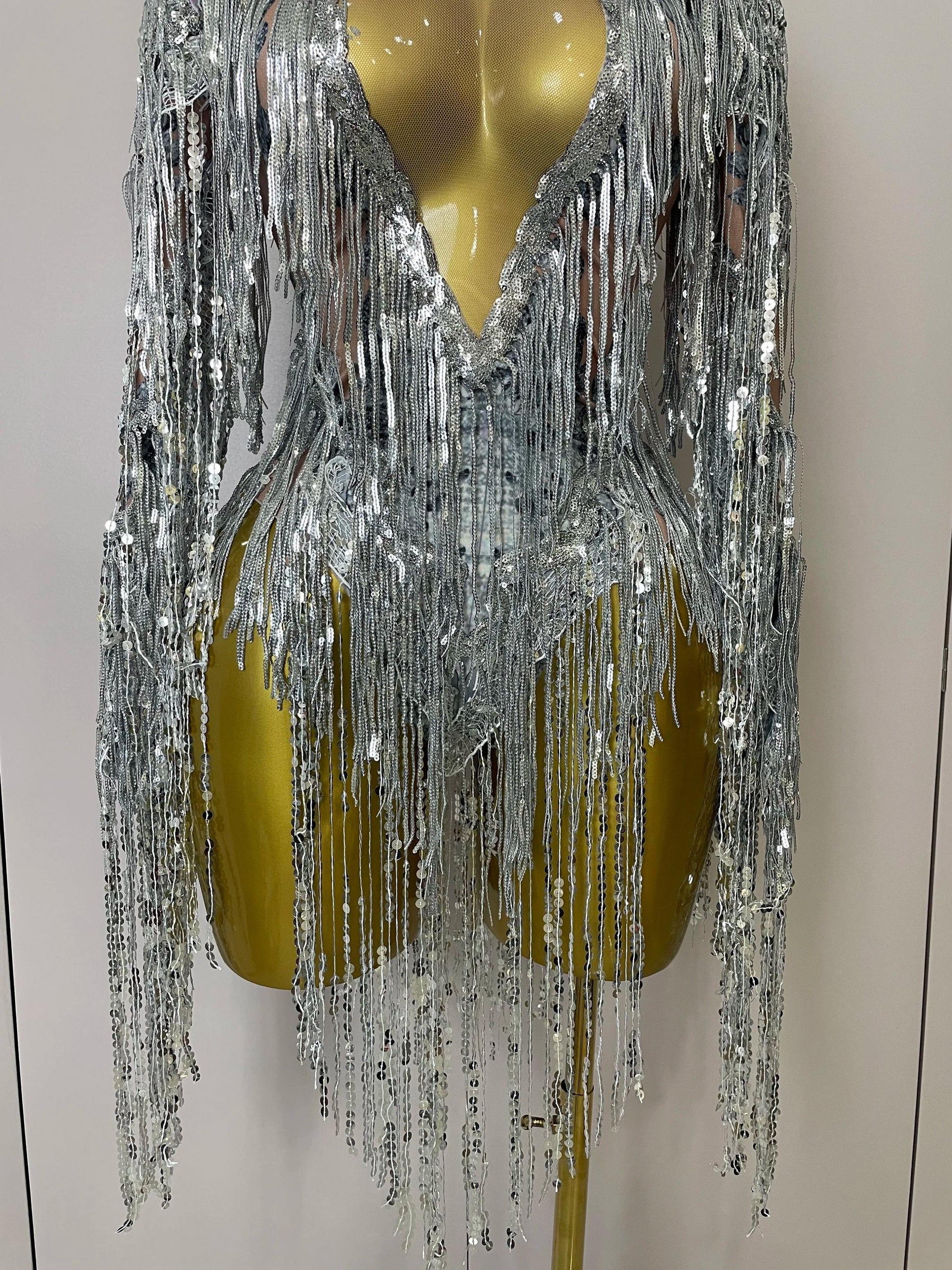 Flashing Sequins Tassels Sexy See-Through Sheath Bodysuit Evening Party Nightclub Dancer Stage Perfprmance Costume