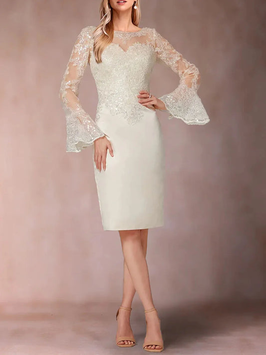 Mother Of The Bride Dress - Elegant Sheath Evening Party Dress Scoop Neck Applique Sequins Knee-Length Formal Mother of the Bride Dress 2025 Free Customized lvory