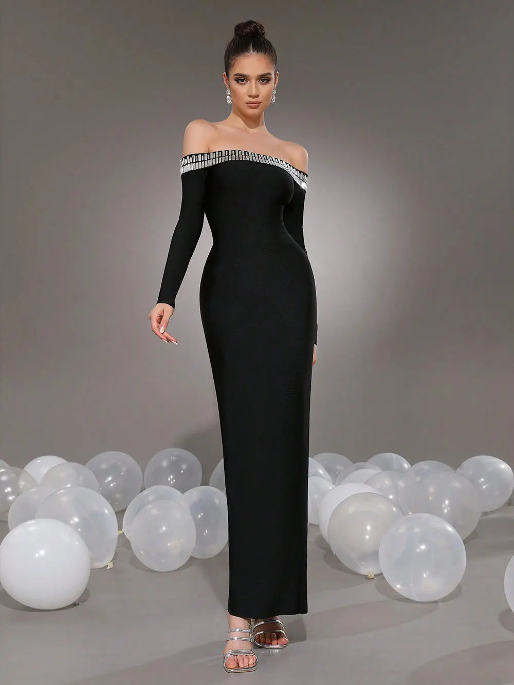 2025 Elegant Women's Light Luxury Nail Bead Bandage Dress with One Piece Collar Shoulder Long Sleeve Bodycon Bareback Long Dress