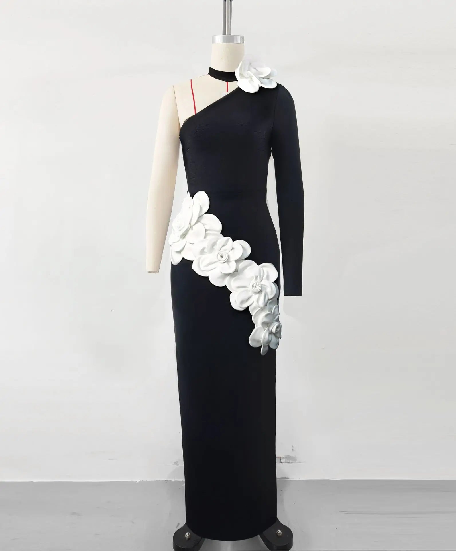 Women Sexy One Sleeve White Florals Bodycon Long Bandage Dress Fashion Nightclub Party Cocktail Outfit Vestido