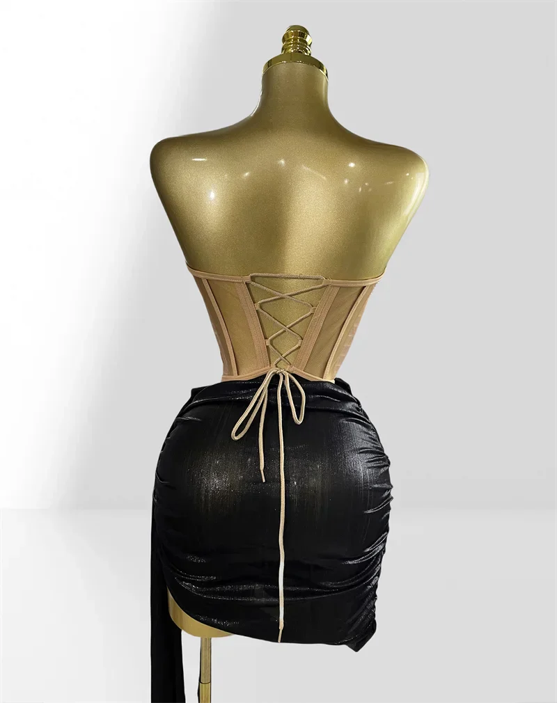 Fashionable Mirror Luxurious Rhinestone Lace -up Top And Mini Skirt Set 2 Pieces Woman Birthday Vestido Music Festival Outfit