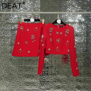 DEAT Fashion Women's Heavy Industry Diamond Two Piece Set Short Long Sleeve Tops Wrapped Hip A-line Mini Skirt Female 36A130