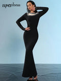 2025 Elegant Women's Nail Bead Patchwork Bandage Dress O-neck Long Sleeve Bodycon Black Long Dress Evening Club Party Vestidos