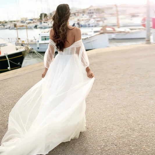 Elegant Wedding Dress 2026 Strapless Puff Sleeves Open Back Floor Length Tulle A-line Beach Bride Gown Bridal Gowns Vestidos