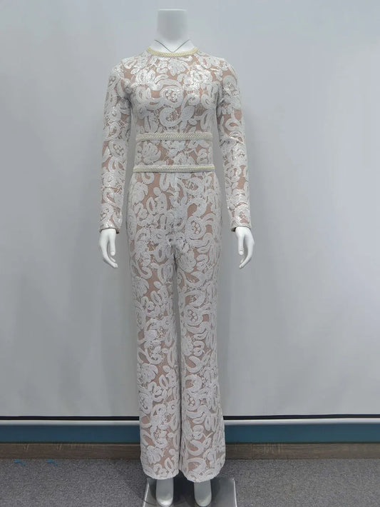 Women'S Light Luxury Sequin Patchwork Bandage Jumpsuit O-Neck Long Sleeved Waistband Flared Jumpsuit Pants Party Jumpsuit WHITE