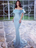 2024 Sexy Women's Light Luxury Blue Sparkle Maxi Dress with One Collar Feather Design Shoulder Buckle Bodycon Long Dress Vestido