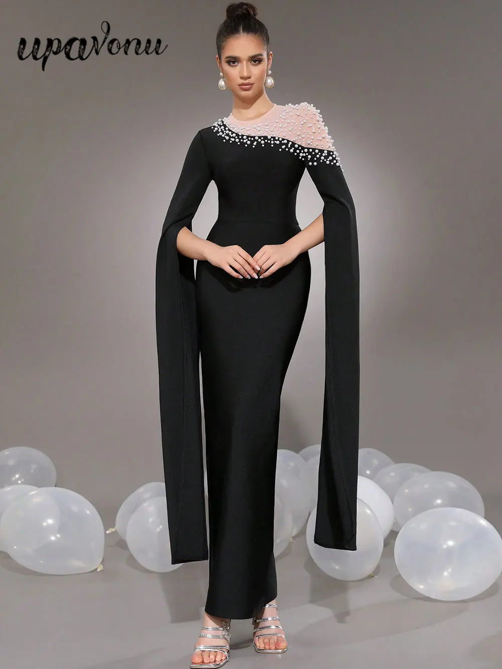 2025 Elegant Women Light Luxury Nail Bead Patchwork Bandage Dress O-Neck Extra Long Sleeve Bodycon Long Dress Club Party Vestido