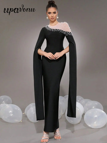 2025 Elegant Women Light Luxury Nail Bead Patchwork Bandage Dress O-Neck Extra Long Sleeve Bodycon Long Dress Club Party Vestido